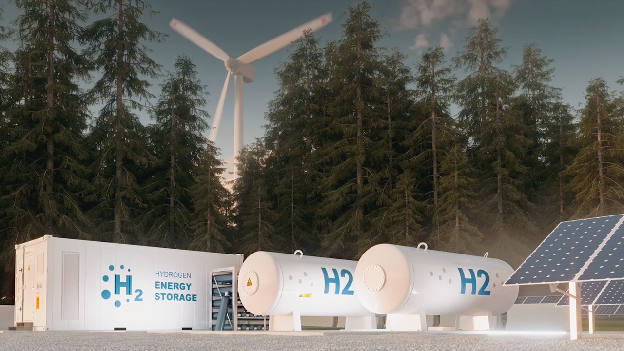 hydrogen containers, windmill and solar panels